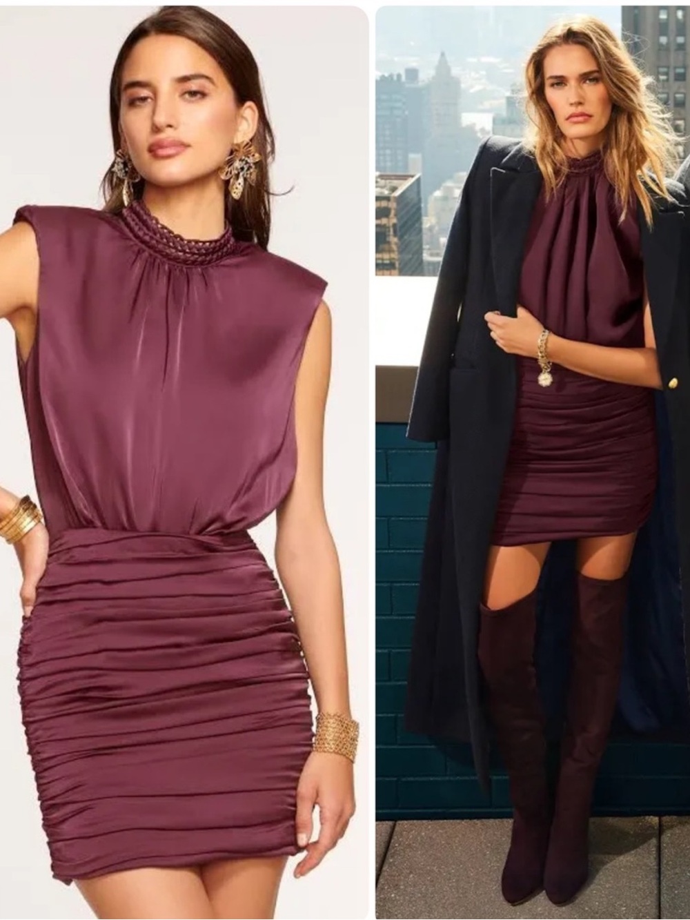 Ramy Brook Emersyn Cabernet Braided Neck Satin Mini Dress Size S